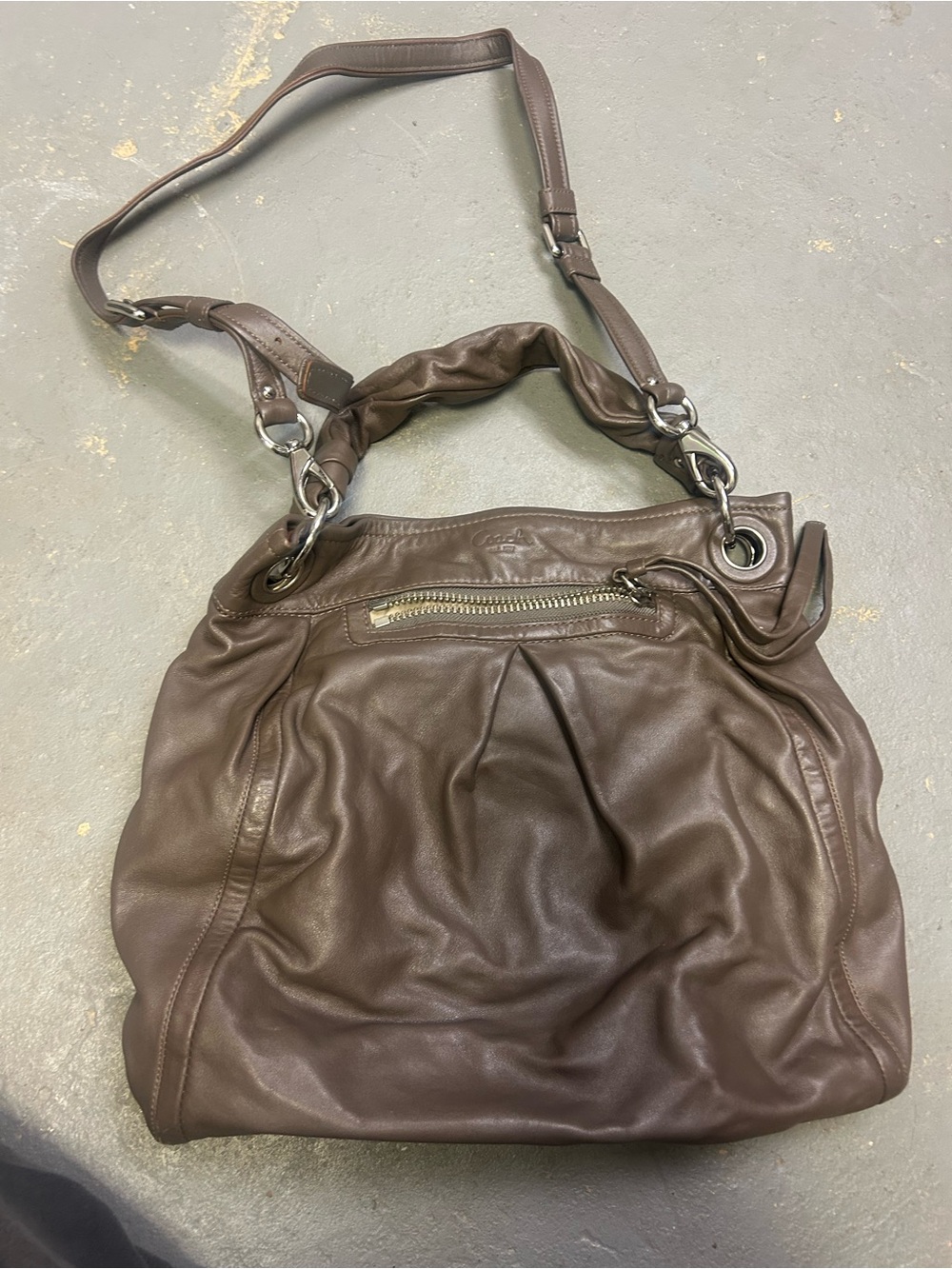 Coach Brown Leather Shoulder Hobo Bag with Silver Hardware